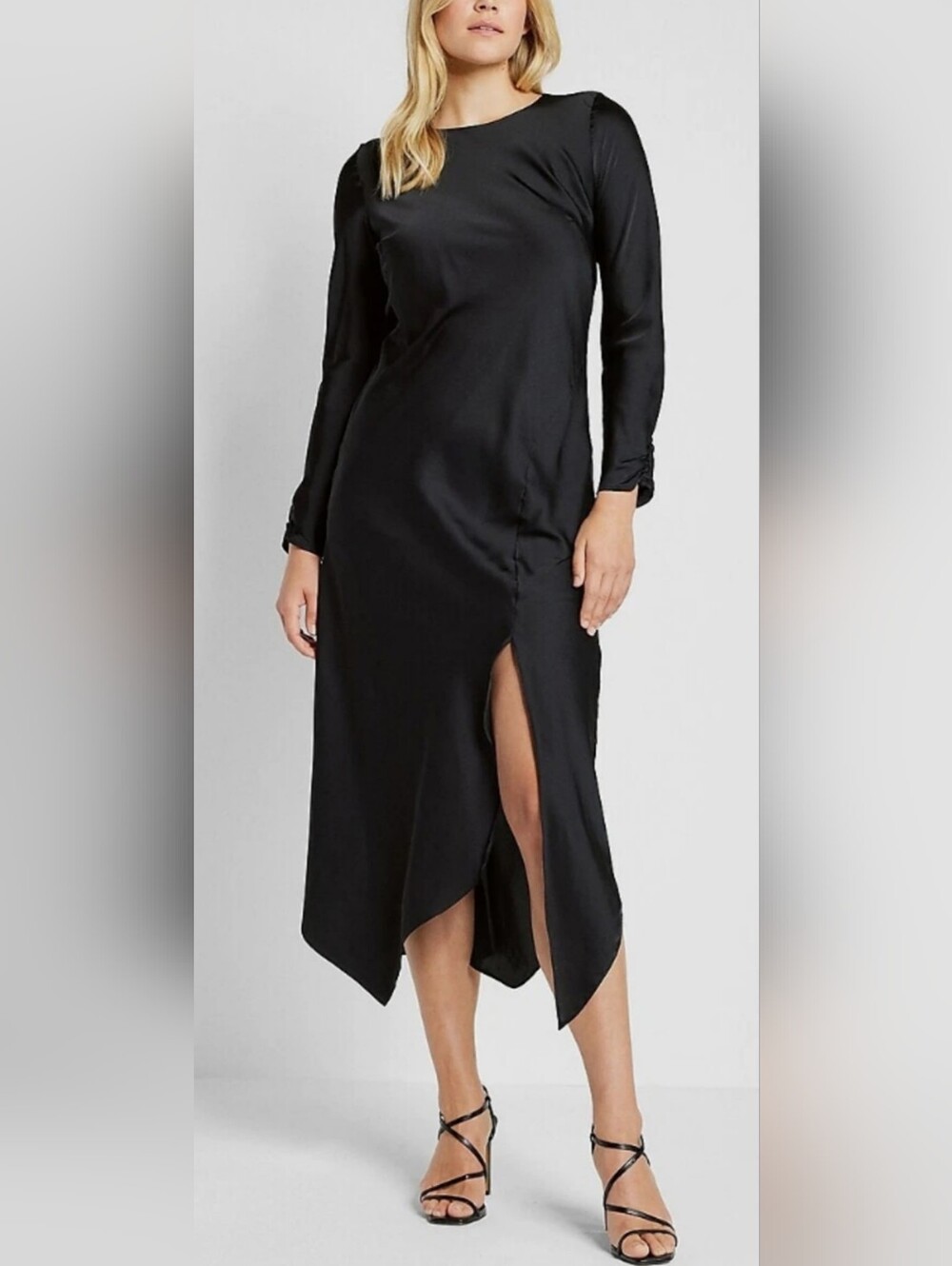 Express Black Asymmetrical Silky Satin Maxi Dress Front Slit Small